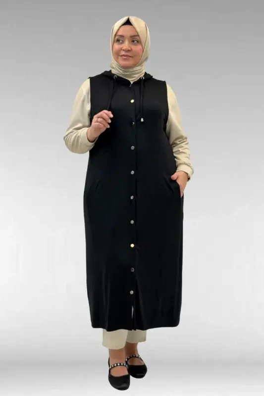 34001 Büyük Beden Çıtçıtlı Kapüşonlu Penye Yelek - Siyah - BÜYÜKBEDENIZ