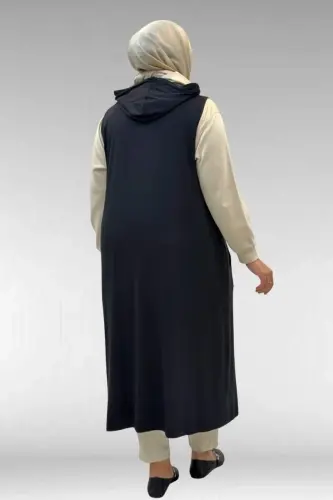 34001 Büyük Beden Çıtçıtlı Kapüşonlu Penye Yelek - Siyah - 3