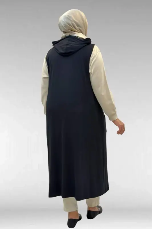 34001 Büyük Beden Çıtçıtlı Kapüşonlu Penye Yelek - Siyah - 3