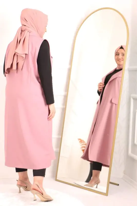 34006 Büyük Beden Blazer Yakalı Çift Kat Krep Yelek-Pembe - 1