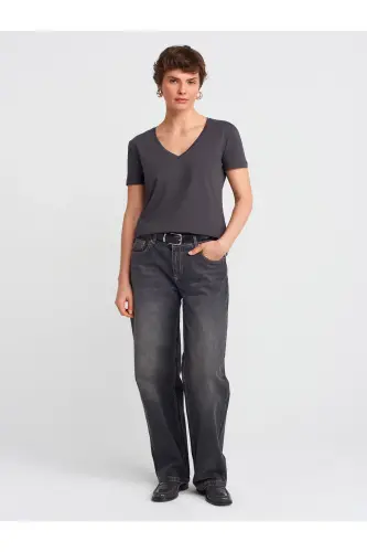 3470 %100 Pamuk V Yaka Basic T-shirt-Koyu Antr. - Koyu Antr. - 3