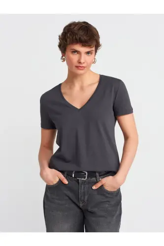 3470 %100 Pamuk V Yaka Basic T-shirt-Koyu Antr. - Koyu Antr. 