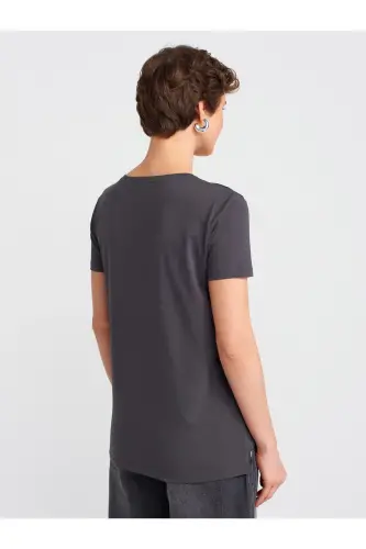 3470 %100 Pamuk V Yaka Basic T-shirt-Koyu Antr. - Koyu Antr. - 2