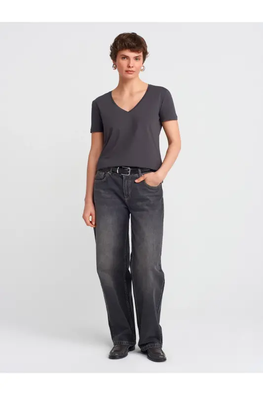 3470 %100 Pamuk V Yaka Basic T-shirt-Koyu Antr. - Koyu Antr. - 3