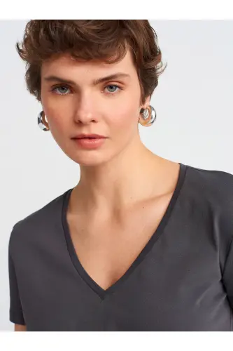 3470 %100 Pamuk V Yaka Basic T-shirt-Koyu Antr. - Koyu Antr. - 4