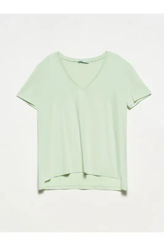 3470 V Neck Basic T-Shirt-Celadon-Celadon - 2