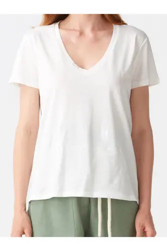3470 V Neck Basic T-shirt-ecru-Ecru - 3