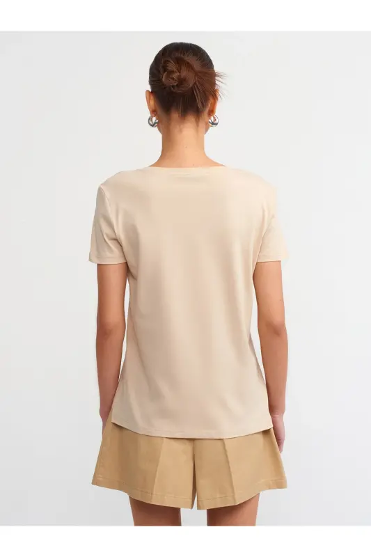 3470 V-Neck Basic T-Shirt-Light Beige-Light Beige - 2