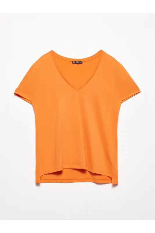 3470 V Neck Basic T-shirt-orange-Orange - 1