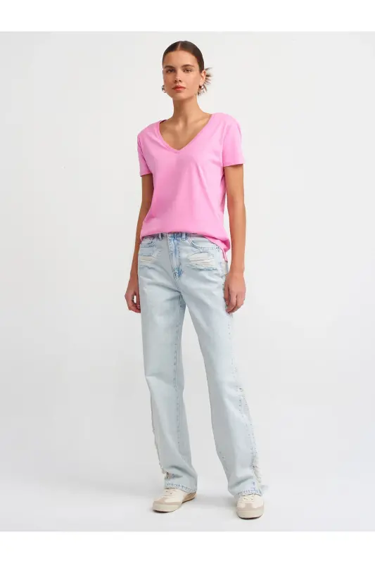 3470 V Neck Basic T-Shirt-Pink-pink - 1