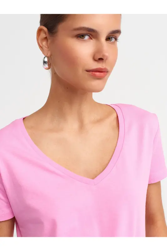 3470 V Neck Basic T-Shirt-Pink-pink - 4