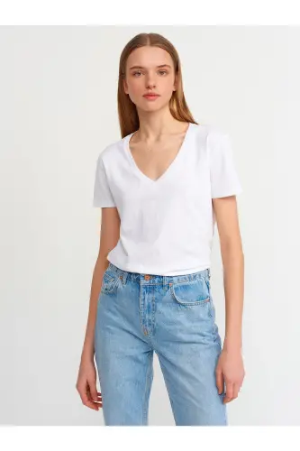 3470 V Yaka Basic T-Shirt-Beyaz - Beyaz - 1