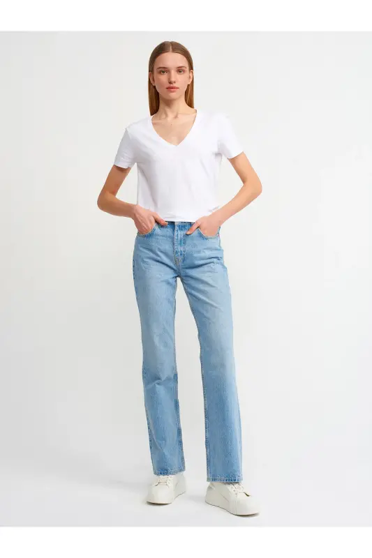 3470 V Yaka Basic T-Shirt-Beyaz - Beyaz - 3