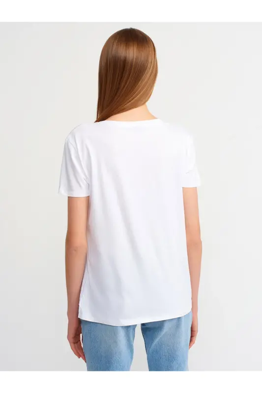 3470 V Yaka Basic T-Shirt-Beyaz - Beyaz - 4