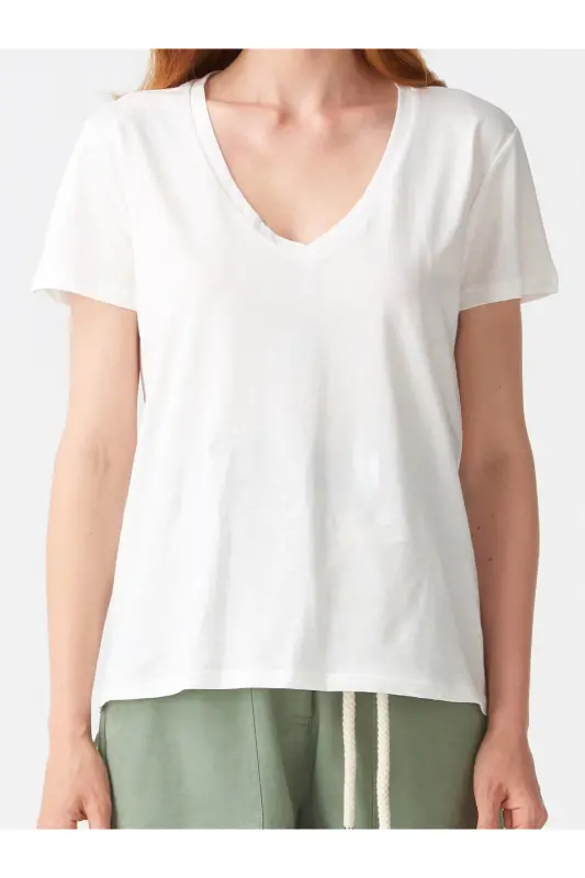 3470 V Yaka Basic T-shirt-ekru-Ekru - 3