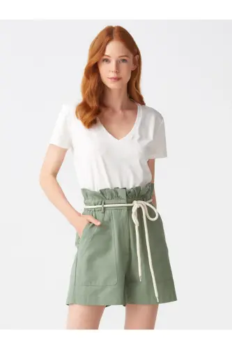 3470 V Yaka Basic T-shirt-ekru-Ekru 