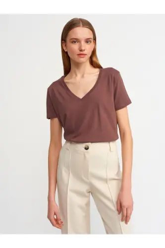 3470 V Yaka Basic T-shirt-k.kahve-K.Kahve 