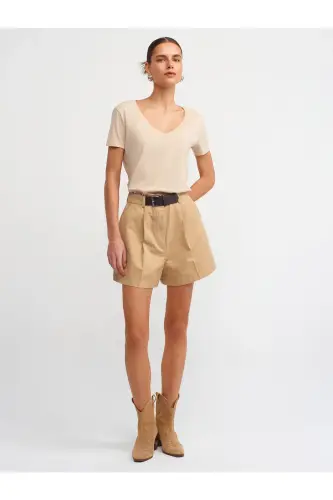 3470 V Yaka Basic T-Shirt-Ochiq Bej-Ochiq Bej - 3
