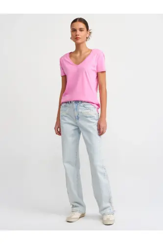 3470 V Yaka Basic T-Shirt-Pembe-pembe - 1