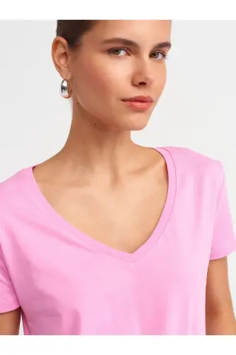3470 V Yaka Basic T-Shirt-Pembe-pembe - 4