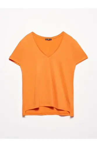 3470 V Yaka Basic T-shirt-oranj - Oranj 