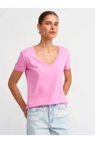 3470 V Yoqa Asosiy T-Shirt-Pushti - pushti - 3