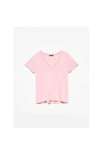 3470 V Yoqali Asosiy T-shirt-Yorqin Pushti - Yorqin Pushti 