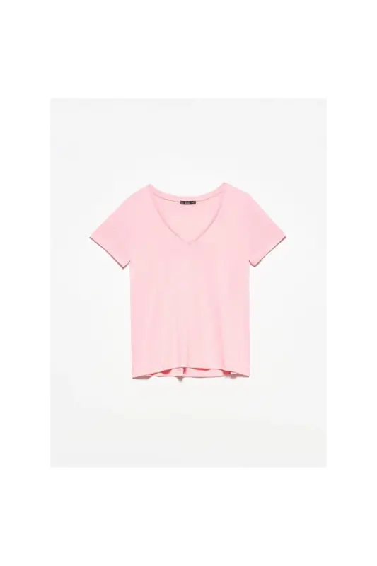 3470 V Yoqali Asosiy T-shirt-Yorqin Pushti - Yorqin Pushti - 1