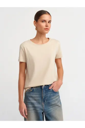3471 Bisiklet Yaka Basic T-Shirt-Açık Bej-Açık Bej - DILVIN (1)