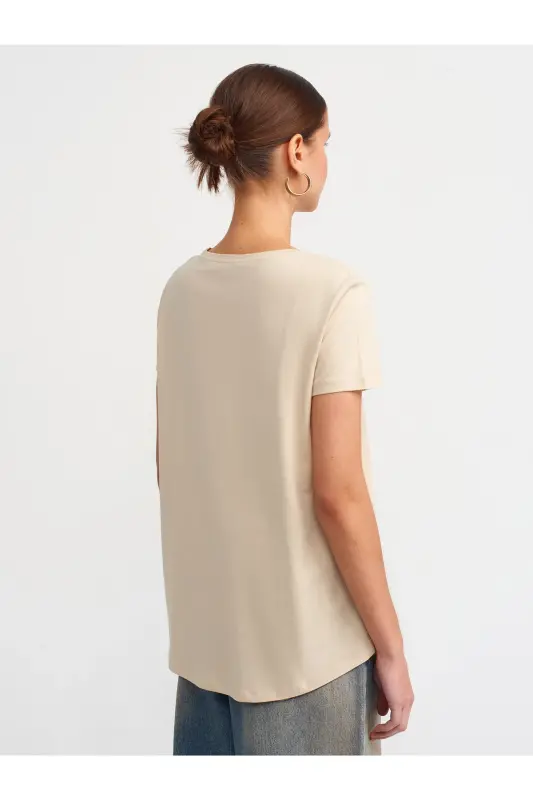 3471 Bisiklet Yaka Basic T-Shirt-Açık Bej-Açık Bej - 3