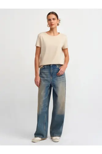 3471 Bisiklet Yaka Basic T-Shirt-Açık Bej-Açık Bej 