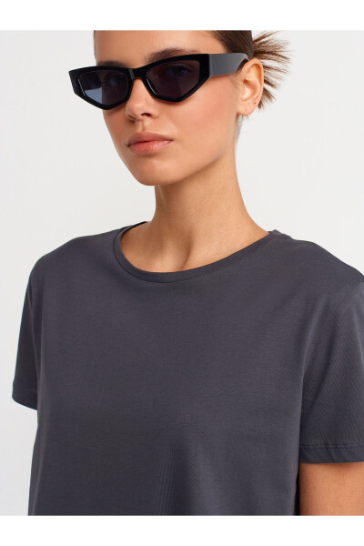 3471 %100 Pamuk Bisiklet Yaka Basic T-shirt-Antrasit - Antrasit - 16