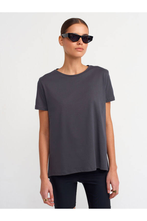 3471 %100 Pamuk Bisiklet Yaka Basic T-shirt-Antrasit - Antrasit - 5