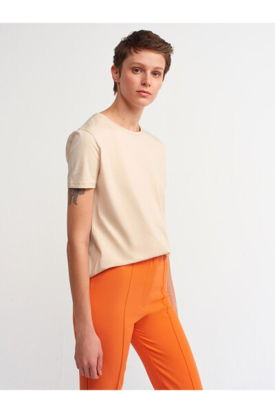 3471 Bisiklet Yaka Basic T-shirt-bej - Bej - 18