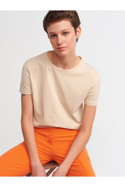 3471 Bisiklet Yaka Basic T-shirt-bej - Bej - 9