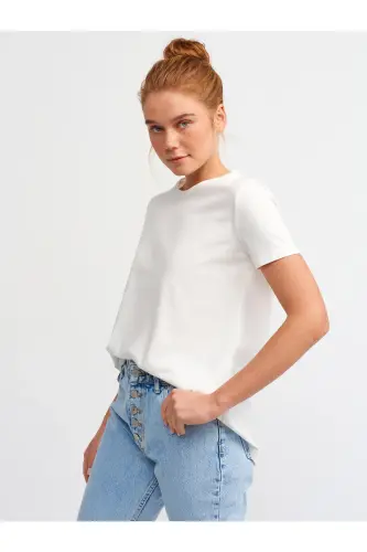 3471 Bisiklet Yaka Basic T-shirt-ekru-Ekru - 3