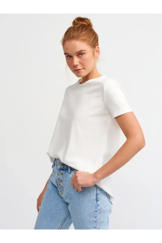 3471 Bisiklet Yaka Basic T-shirt-ekru-Ekru - 3