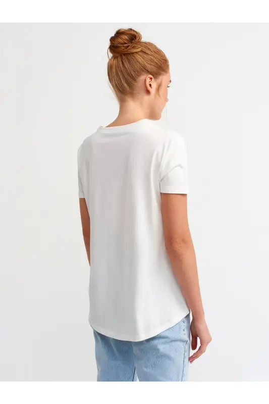3471 Bisiklet Yaka Basic T-shirt-ekru-Ekru - 4
