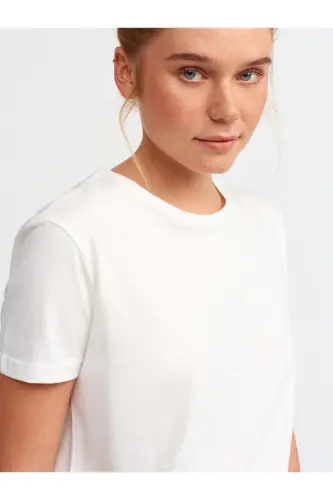 3471 Bisiklet Yaka Basic T-shirt-ekru-Ekru - 5