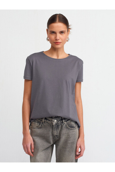 3471 %100 Pamuk Bisiklet Yaka Basic T-shirt-Füme - Füme 