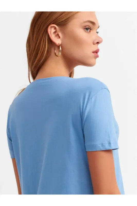 3471 Bisiklet Yaka Basic T-shirt-indigo-İndigo - 4