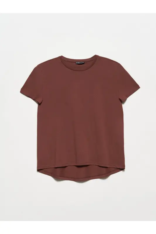 3471 Bisiklet Yaka Basic T-shirt-kahve-Kahve - 1
