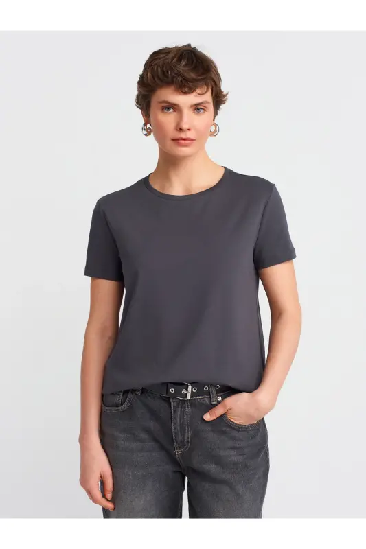 3471 %100 Pamuk Bisiklet Yaka Basic T-shirt-Koyu Antr. - Koyu Antr. - 1