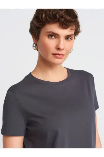 3471 %100 Pamuk Bisiklet Yaka Basic T-shirt-Koyu Antr. - Koyu Antr. - 4