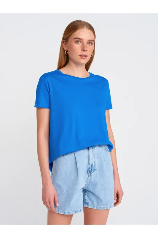 3471 Bisiklet Yaka Basic T-Shirt-Koyu Saks-Koyu Saks - DILVIN