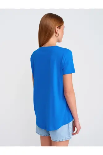 3471 Bisiklet Yaka Basic T-Shirt-Koyu Saks - Koyu Saks - 2
