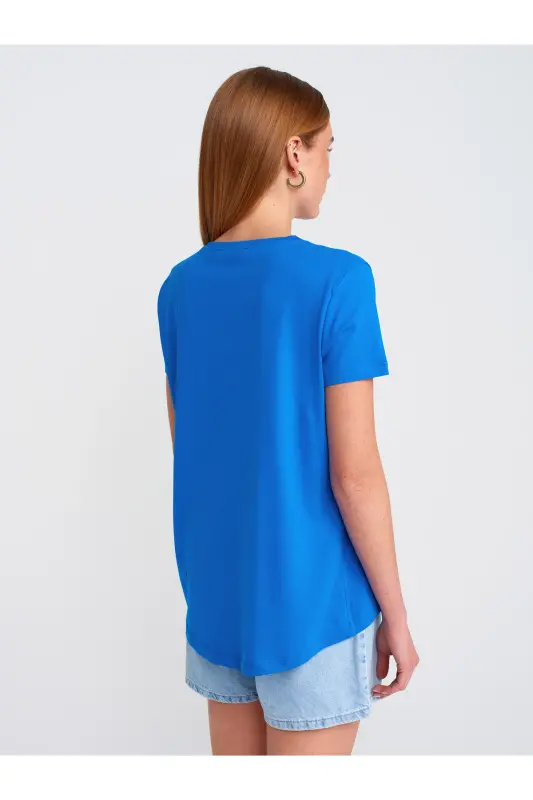 3471 Bisiklet Yaka Basic T-Shirt-Koyu Saks - Koyu Saks - 2