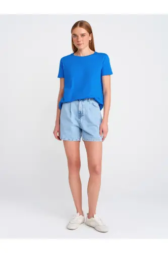 3471 Bisiklet Yaka Basic T-Shirt-Koyu Saks - Koyu Saks - 3