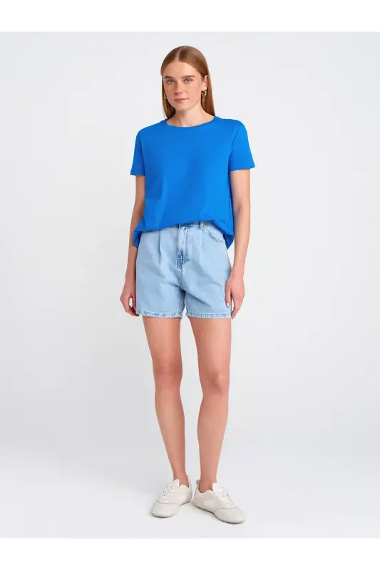 3471 Bisiklet Yaka Basic T-Shirt-Koyu Saks - Koyu Saks - 3