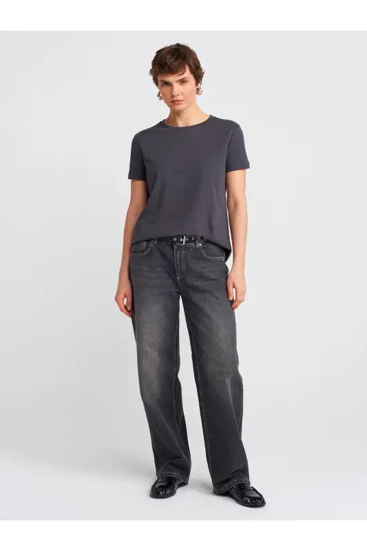 3471 Bisiklet Yaka Basic T-Shirt-Qora Antratsit-Qora Antratsit - 3